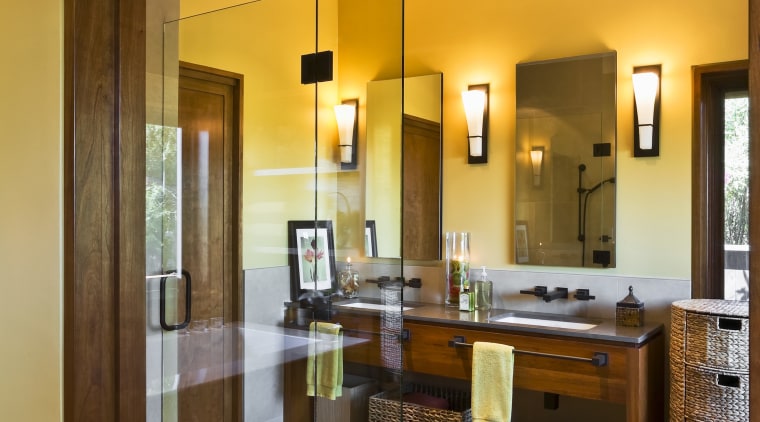 Image of bathroom which features a glass shower bathroom, cabinetry, ceiling, countertop, floor, flooring, home, interior design, kitchen, real estate, room, brown, orange