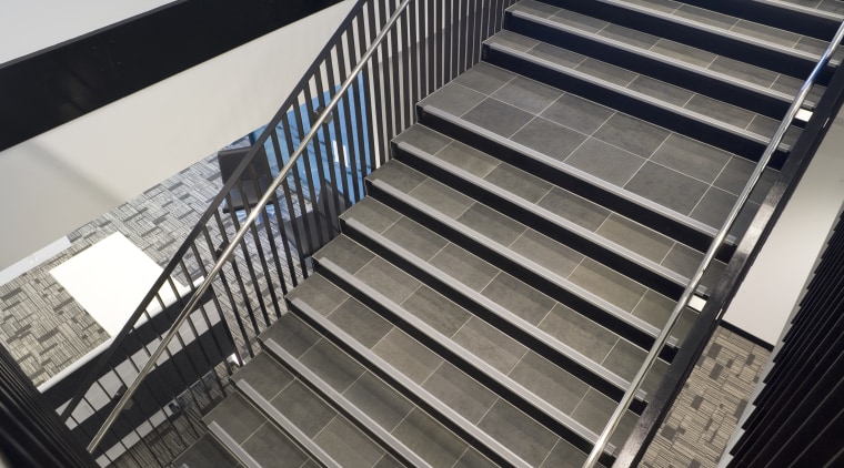 Many stair treads and walkways in the Green architecture, building, daylighting, handrail, iron, line, metal, stairs, steel, gray, black