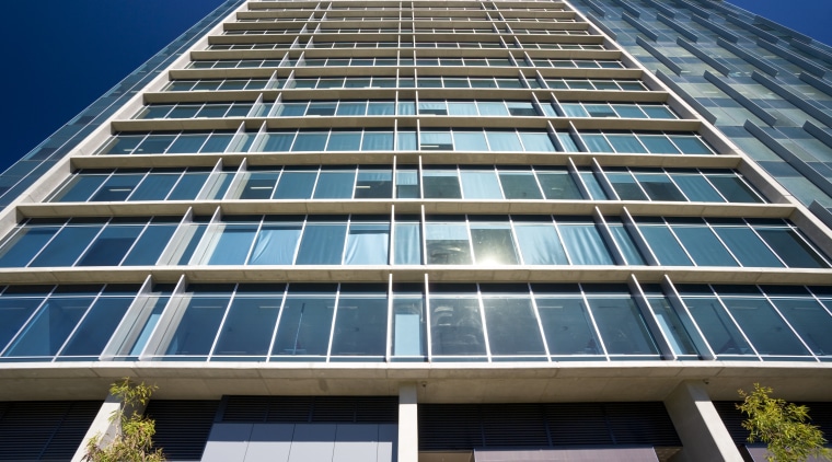 Image of the horizontal and vertical sun shading apartment, architecture, building, commercial building, condominium, corporate headquarters, daylighting, daytime, facade, headquarters, metropolis, metropolitan area, mixed use, real estate, residential area, sky, skyscraper, tower block, urban area, window