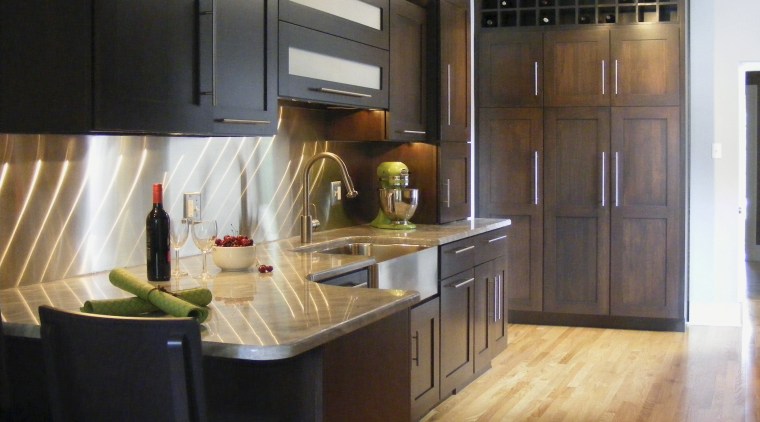 View of a new kitchen which was designed cabinetry, countertop, cuisine classique, flooring, hardwood, interior design, kitchen, room, black