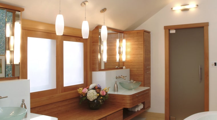Image of a bathroom designed by an NKBA bathroom, ceiling, floor, flooring, hardwood, home, interior design, real estate, room, sink, wood flooring, gray, orange