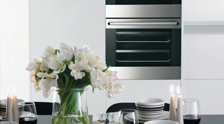 The E:Line double electric wall oven from Electrolux furniture, home appliance, interior design, kitchen, kitchen appliance, product design, small appliance, table, white, black