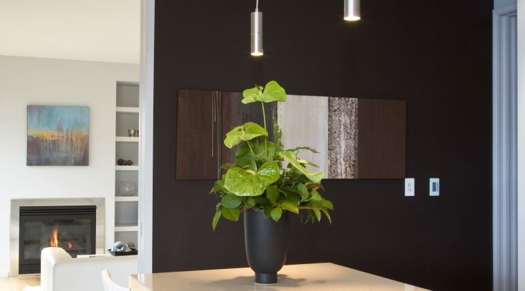 Resene Livid Brown and Resene Midwinter Mist feature ceiling, dining room, home, house, interior design, light fixture, room, table, gray