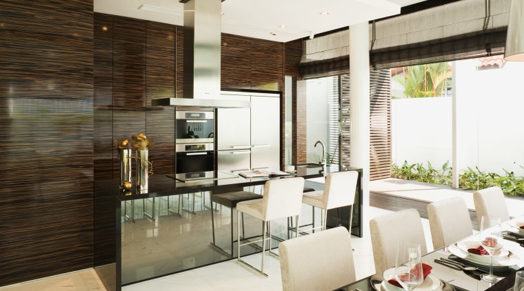 Image with view of kitchen which has used interior design, white, brown