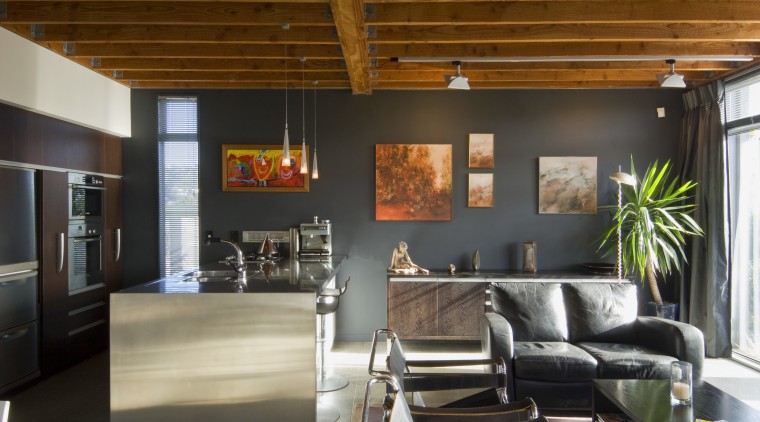 view of open-plan living and kitchen area with ceiling, house, interior design, living room, loft, black, brown