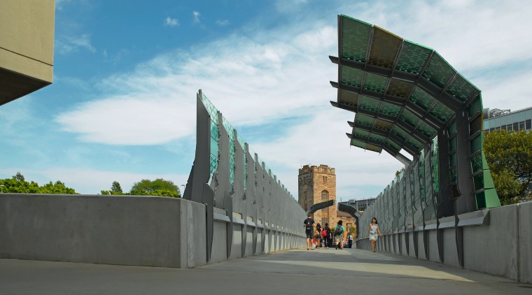 view of the Sydney University's City Road pedestrian architecture, building, fixed link, infrastructure, landmark, metropolitan area, road, sky, structure, gray