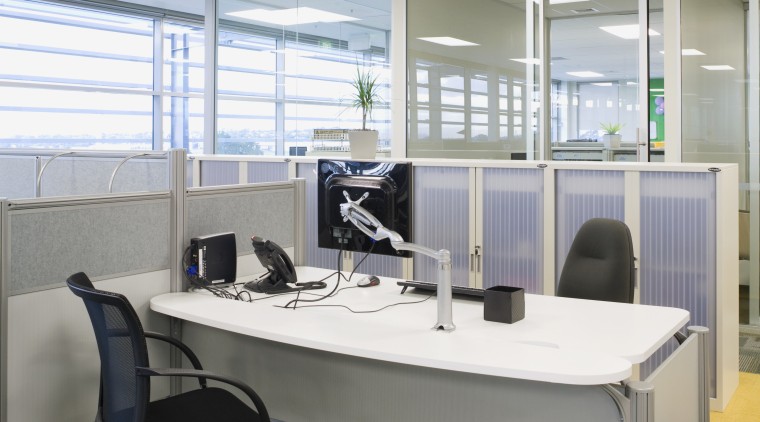 Office Max has recently moved to a new desk, floor, furniture, office, product design, gray