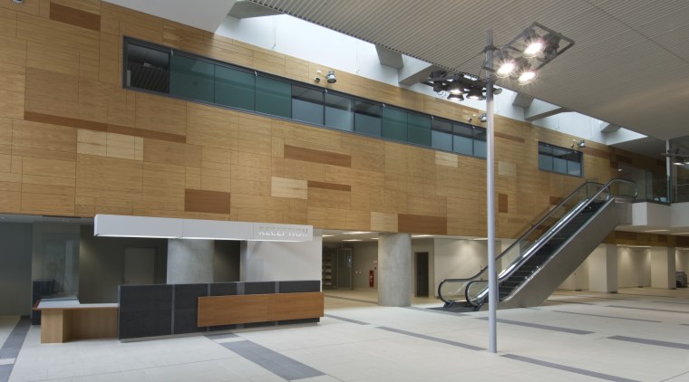 View of the Wellington Hospital foyer which features architecture, interior design, lobby, gray, brown