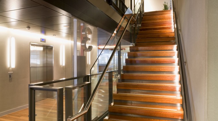 Timber flooring throughout the bank features grey ironbark architecture, daylighting, glass, handrail, interior design, stairs, wood, brown