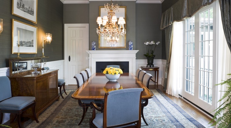 View of the formal dining room with a dining room, home, interior design, living room, real estate, room, table, white, black