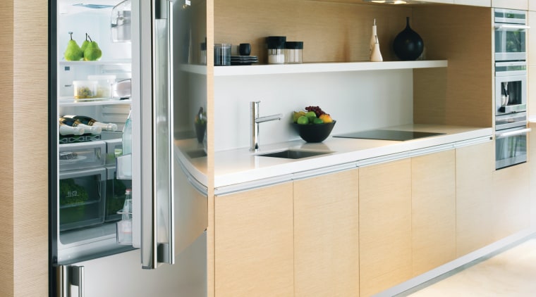 These Electrolux E:Line refridgerators are sleek, spacious and cabinetry, countertop, interior design, kitchen, white