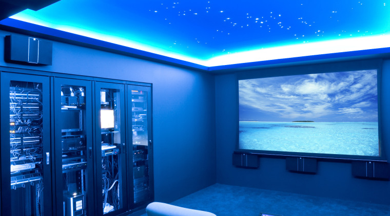 View of home cinema with projector screen, audiovisual architecture, blue, ceiling, display device, interior design, light, lighting, sky, technology, blue, teal