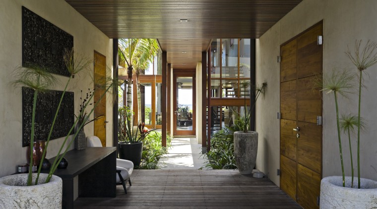 View of the covered breezeway which runs from courtyard, home, house, interior design, brown, gray