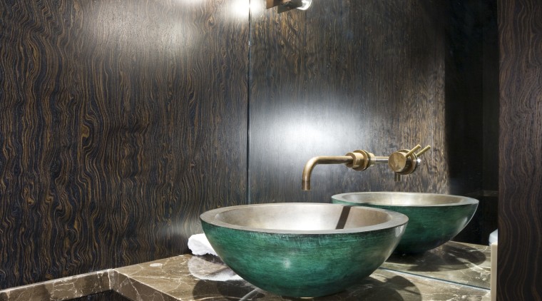 View of powder room, dark stained veneer vanity bathroom, countertop, floor, flooring, interior design, room, tile, wall, black
