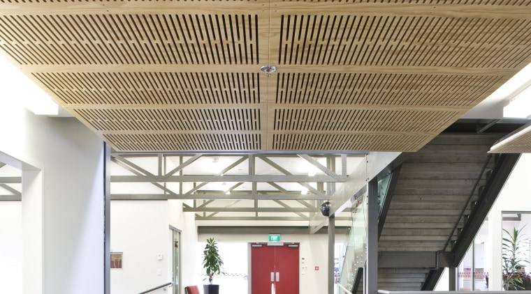 Image of Te Whanau o Tupuranga school which architecture, ceiling, daylighting, roof, structure, brown, white