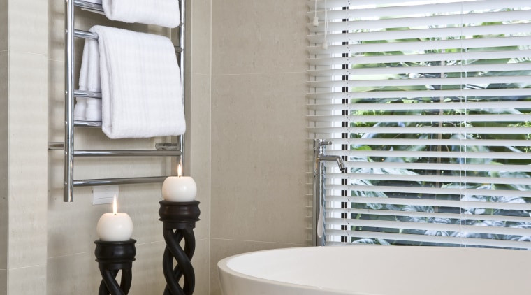 View of light-toned contemporary bathroom with white free bathroom, bathroom accessory, ceramic, curtain, floor, flooring, interior design, plumbing fixture, product design, room, tap, tile, window, window covering, window treatment, gray