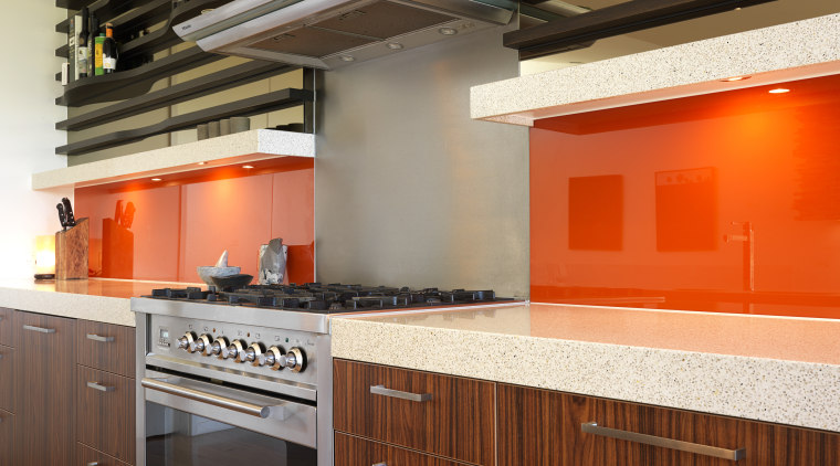 View of a cafe-styled kitchen which features CaesarStone cabinetry, countertop, interior design, kitchen, room, brown