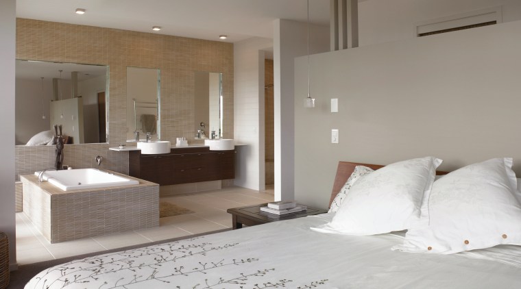 View of an ensuite that features Scyon Secura architecture, bed frame, bedroom, floor, flooring, home, interior design, property, real estate, room, suite, wall, gray