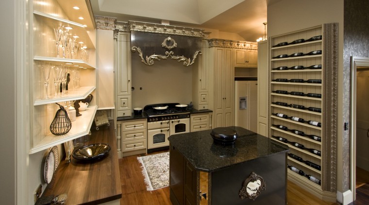 View of Victorian-styled kitchen with square kitchen island, cabinetry, countertop, cuisine classique, interior design, kitchen, room, brown, orange