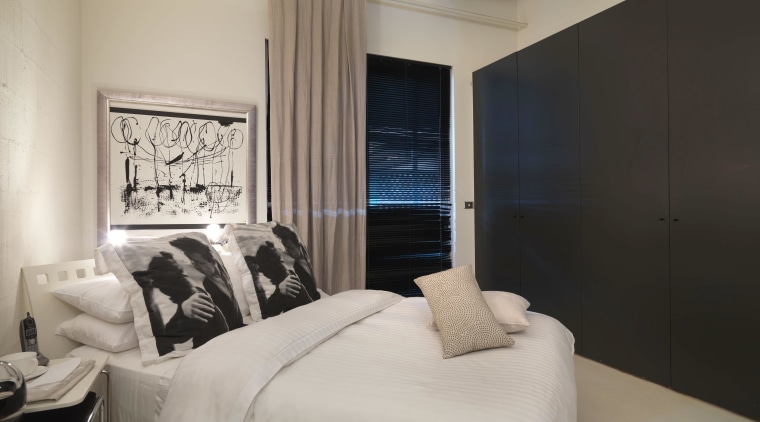 View of bedroom with light-stained timber flooring, corrugated bed frame, bedroom, ceiling, floor, home, interior design, property, real estate, room, suite, wall, window, gray, black