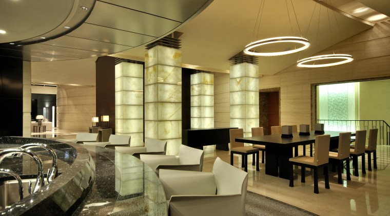View of open-plan dining area which features black ceiling, interior design, lobby, restaurant, brown