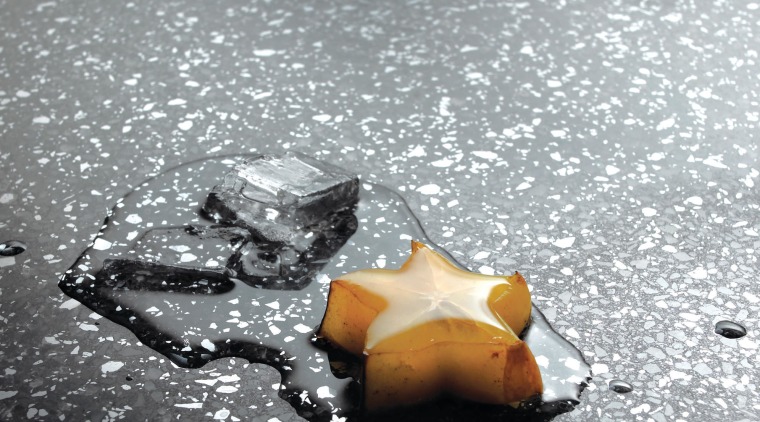 View of Silestone surfaces available from Cosentino. close up, water, gray