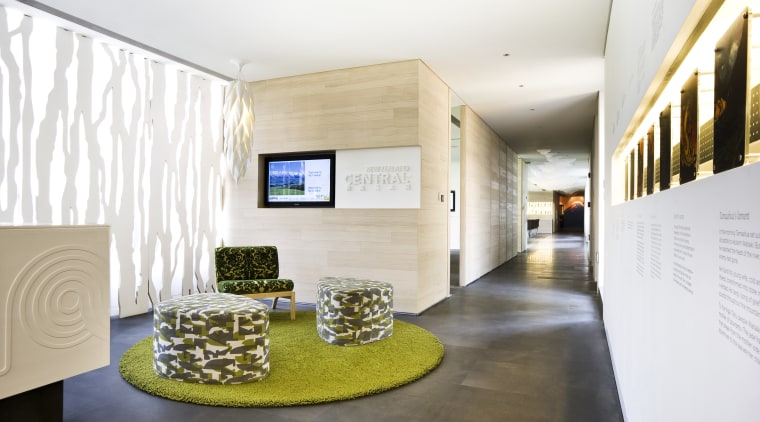 View of an office area which features NZ architecture, ceiling, exhibition, interior design, lobby, white