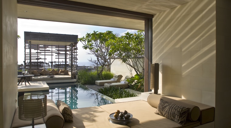 Borrowed from the landscape, this villas soft interior architecture, condominium, estate, home, house, interior design, living room, property, real estate, swimming pool, window, brown