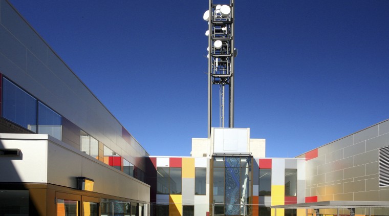 Exterior view of the Auburn Hospital built by architecture, building, corporate headquarters, metropolitan area, mixed use, sky, structure, tower, blue