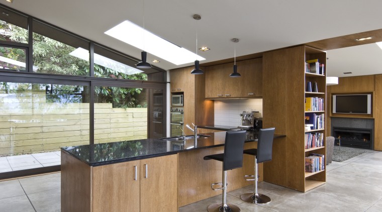 View of a kitchen featuring black granite benchtops, architecture, countertop, interior design, kitchen, real estate, gray