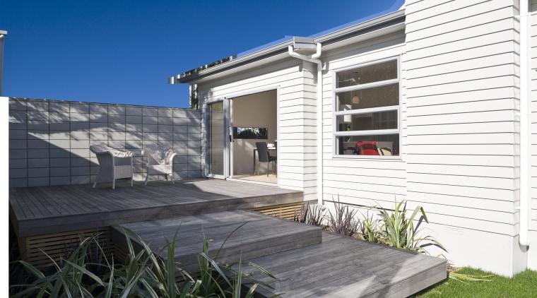 Exterior view of a Harmony Homes show home facade, home, house, property, real estate, residential area, siding, window, white