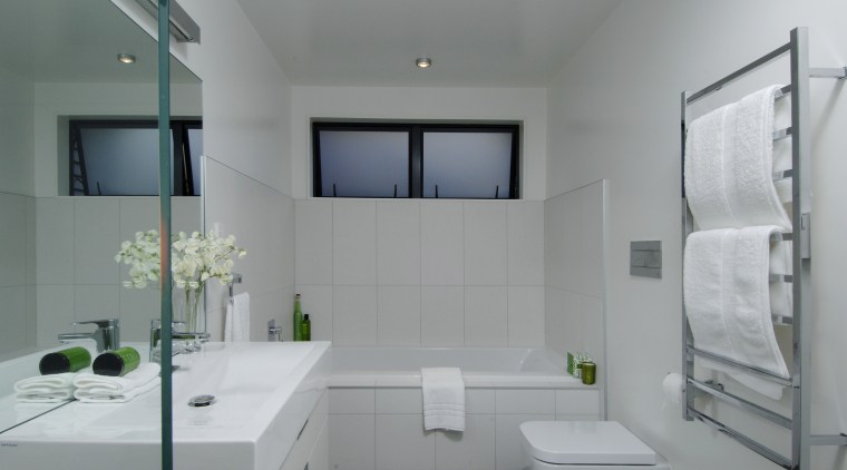 View of the bathroom with white wall tiling, architecture, bathroom, daylighting, home, interior design, product design, room, sink, gray