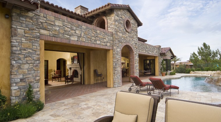 Exterior view of outdoor area with pool and estate, hacienda, home, property, real estate, villa, brown, gray