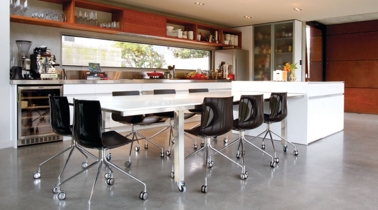 View of a cafe-styled kitchen designed by NKBA countertop, floor, flooring, furniture, interior design, kitchen, table, gray
