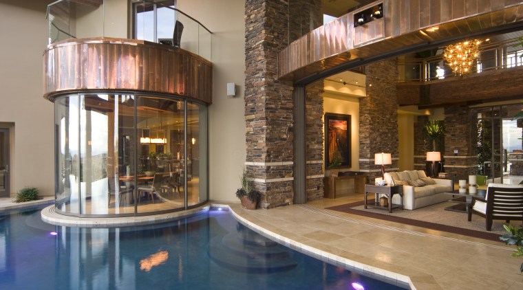 Interior view of the pool area with tiling, estate, home, interior design, lobby, property, real estate, swimming pool, brown