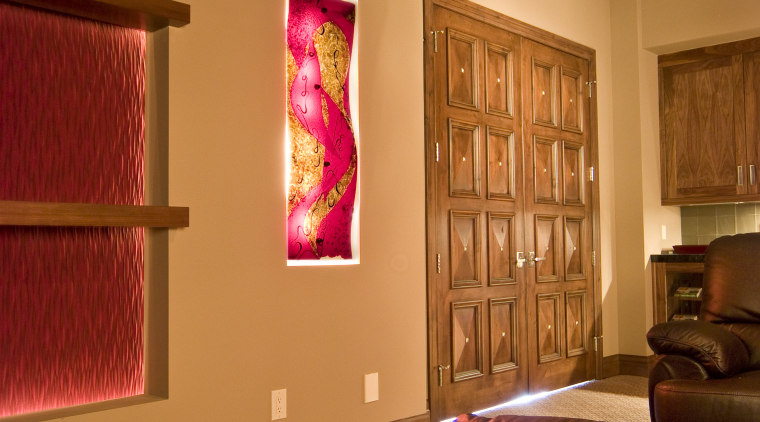 View of the home theatre which features slumped ceiling, home, interior design, lighting, living room, room, wall, orange, brown