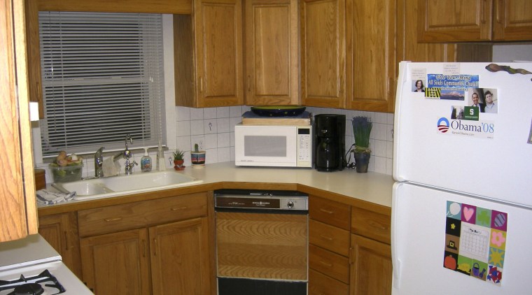 View of the kitchen prior to renovations. - cabinetry, countertop, kitchen, room, brown