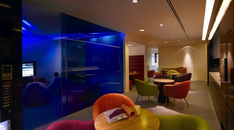 View of staff breakout areas which features brightly architecture, ceiling, interior design, lighting, lobby, room, brown, blue