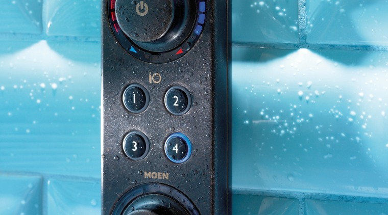 View of the ioDigital controller from Moen which product, product design, technology, teal