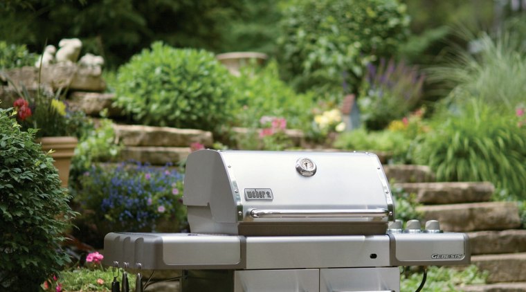 View of a Weber barbeque available from Supreme backyard, furniture, garden, grass, outdoor grill, plant, tree, yard, brown, green, gray