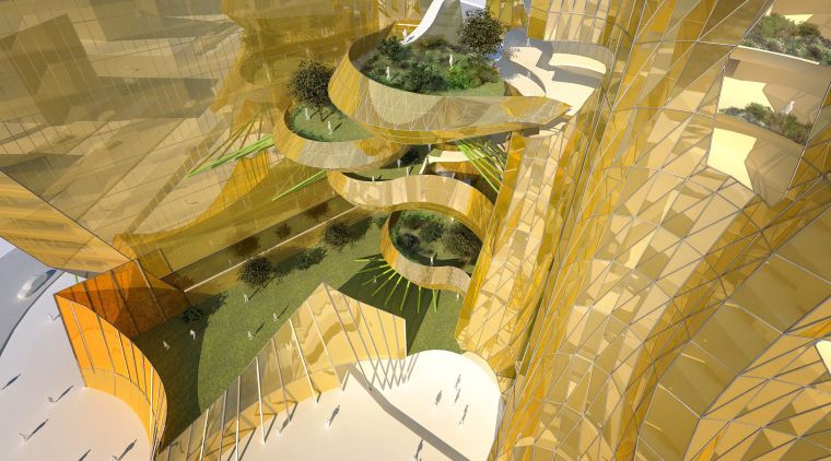 View of the conceptual drawings of the Collaborative architecture, yellow, orange, brown