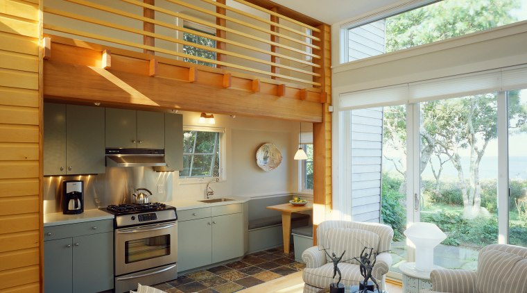 View of a small kitchen area adjacent to ceiling, daylighting, estate, home, house, interior design, living room, real estate, room, wall, window, window covering, orange