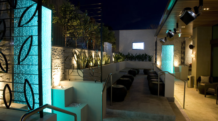 View of the outdoor area of the Terrace home, interior design, lighting, night, restaurant, black, brown