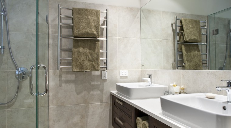 View of master bathroom which features floor and bathroom, countertop, floor, home, interior design, room, tile, gray
