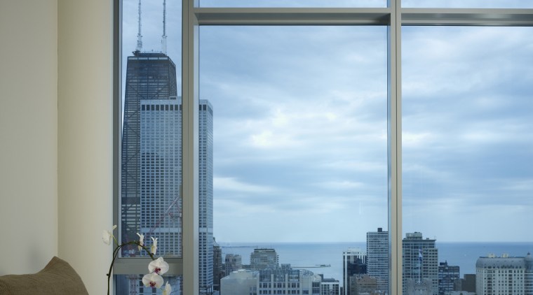 View of the master bedroom which was realigned apartment, architecture, condominium, daylighting, daytime, door, glass, home, house, interior design, real estate, room, sky, window, gray, teal