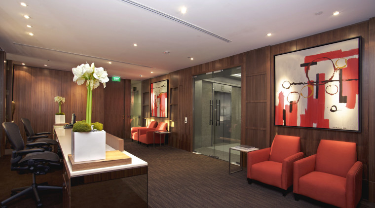 View of updated offices featuring dark timber floors, ceiling, interior design, lobby, real estate, room, red