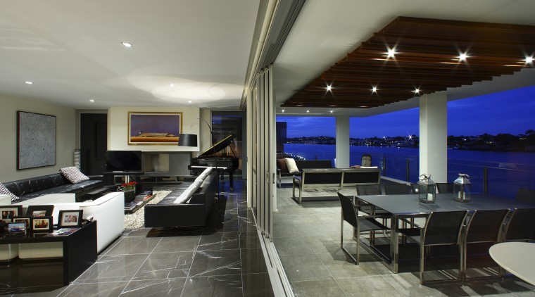 View of the apartment balcony which juts out apartment, ceiling, interior design, living room, real estate, gray, black