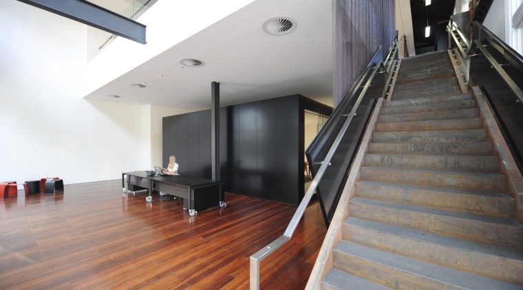 Architectural firm Coz Howlett & Bailey Woodland relocated architecture, daylighting, floor, flooring, handrail, hardwood, house, interior design, laminate flooring, loft, property, real estate, stairs, wood, wood flooring, white