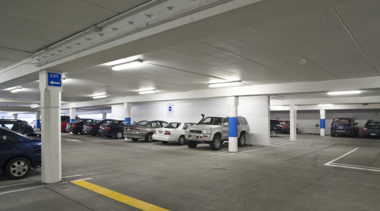 View of the redeveloped Riccarton mall. - View automobile repair shop, motor vehicle, parking, parking lot, gray