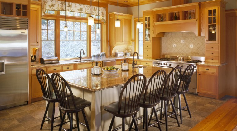 View of kitchen featuring antique heart pine tongue countertop, dining room, estate, floor, flooring, hardwood, home, interior design, kitchen, real estate, room, table, wood, wood flooring, brown, orange